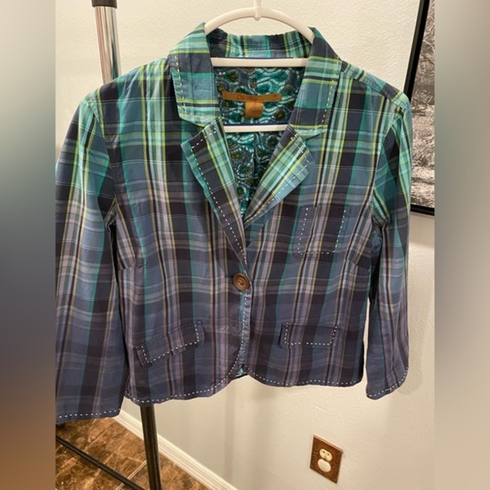 Old Navy Blazer Plaid Blue Green Pockets Lining Medium